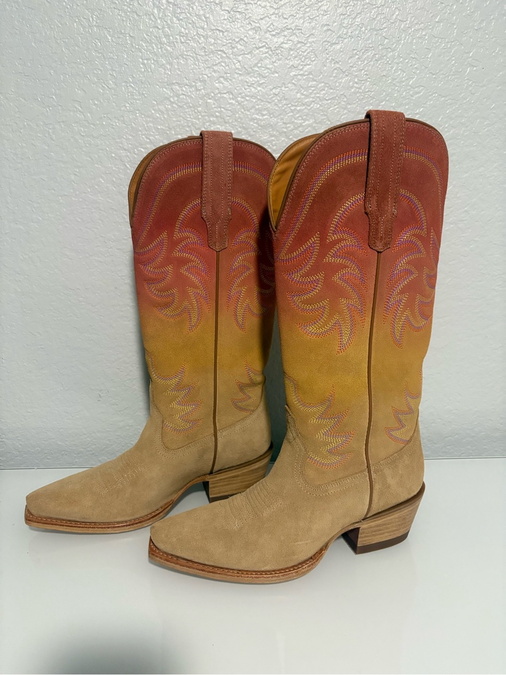 Tecovas Two-Tone Tan and Orange Suede Heeled Cowboy Boots